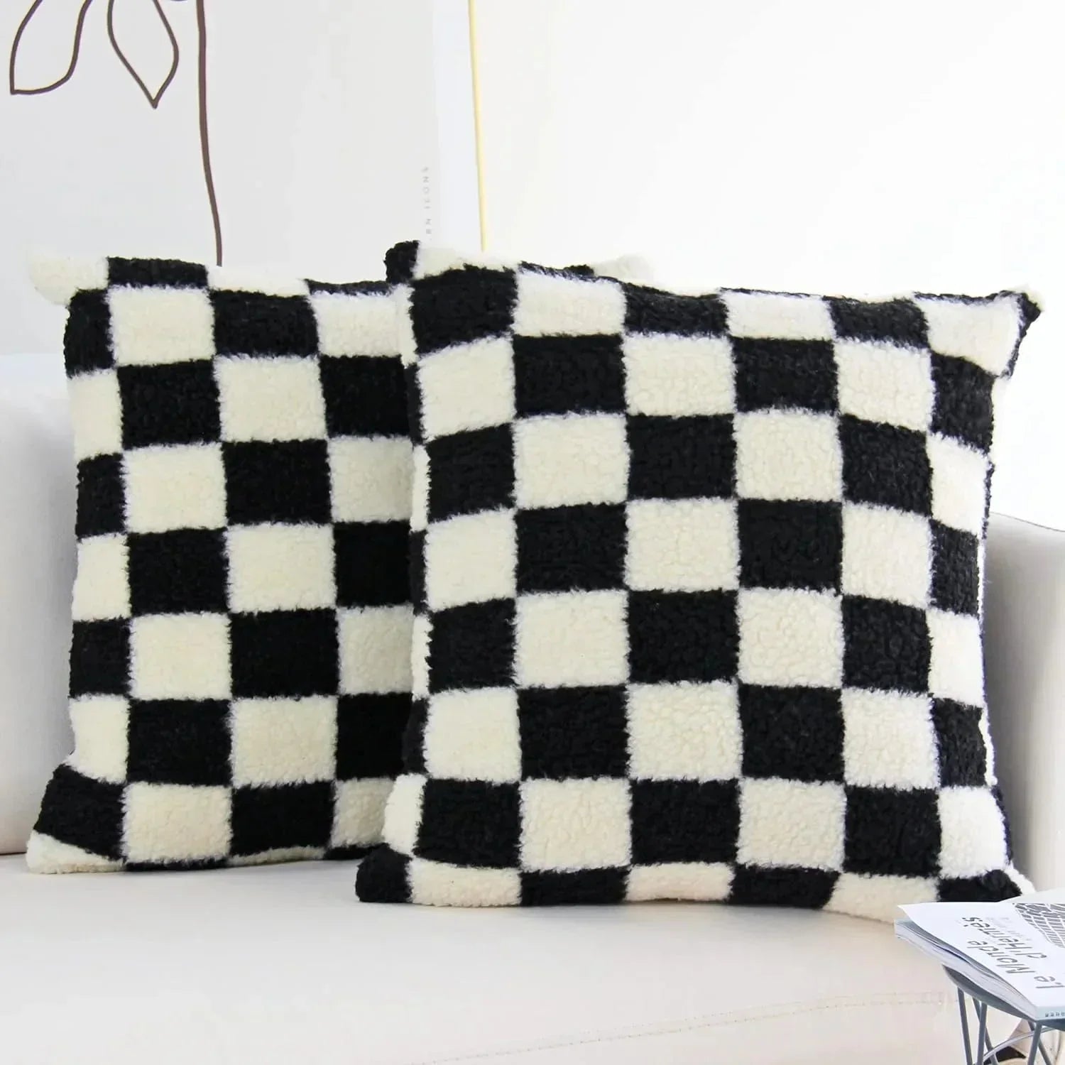 Chequered Faux Fur Woollen Throw Cushion Cover - Black White