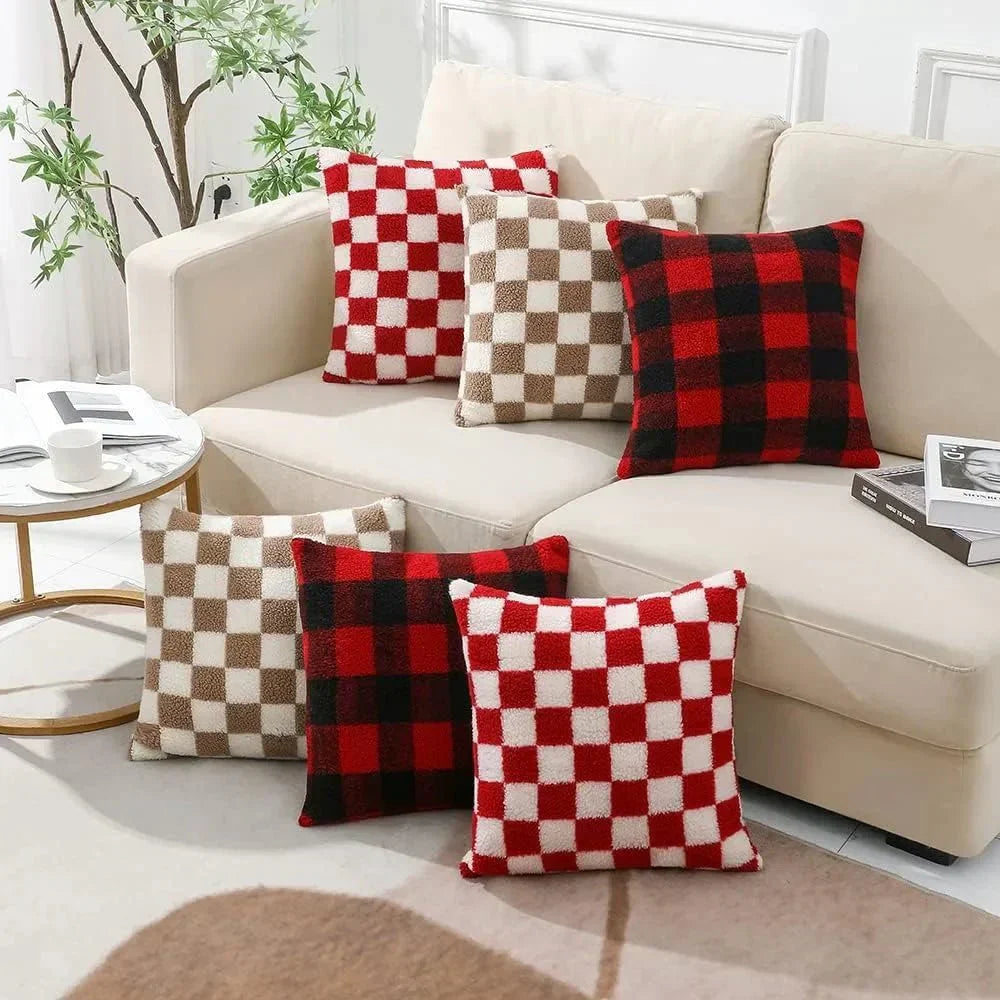 Chequered Faux Fur Woollen Throw Cushion Cover - Black White