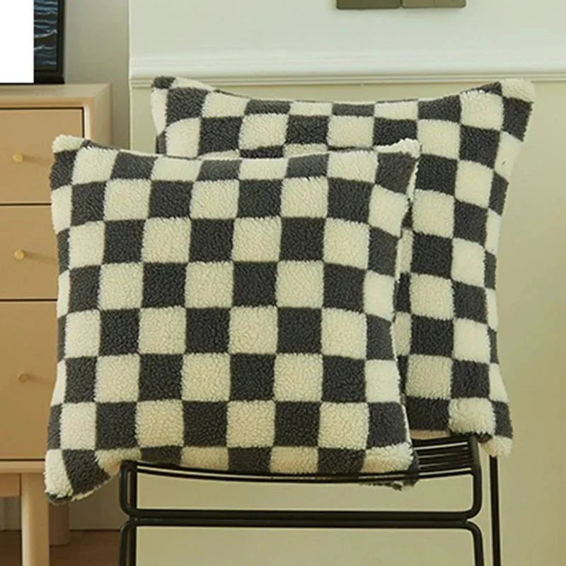 Chequered Faux Fur Woollen Throw Cushion Cover - Black White