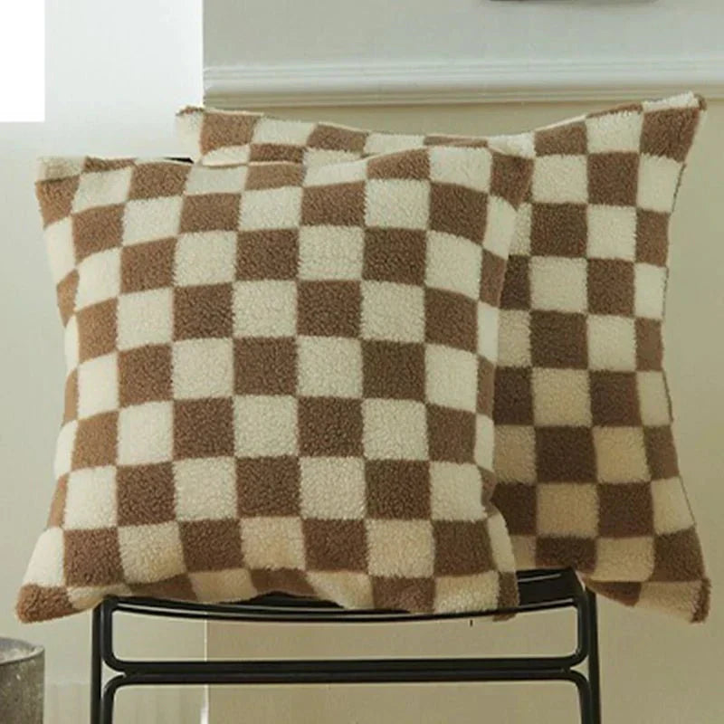 Chequered Faux Fur Woollen Throw Cushion Cover - Black White
