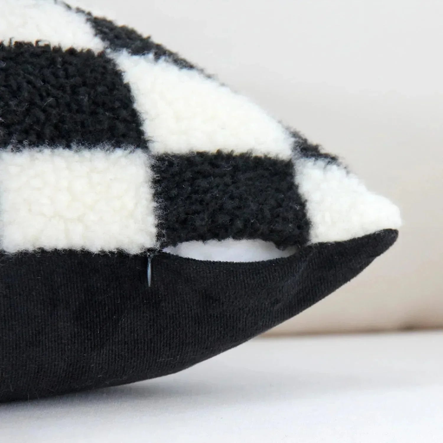 Chequered Faux Fur Woollen Throw Cushion Cover - Black White