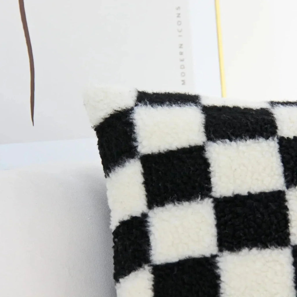 Chequered Faux Fur Woollen Throw Cushion Cover - Black White