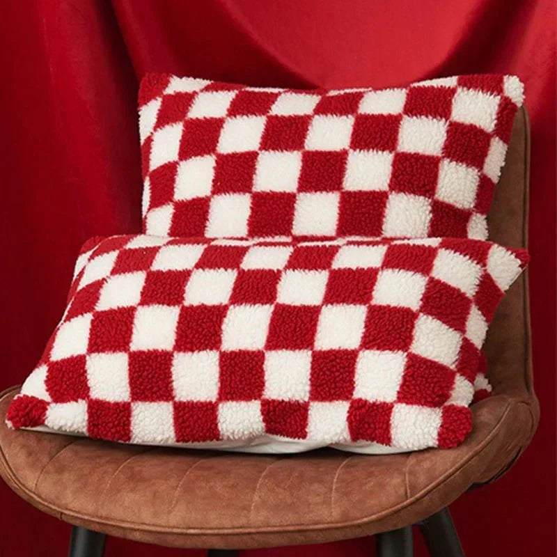 Chequered Faux Fur Woollen Throw Cushion Cover - Black White