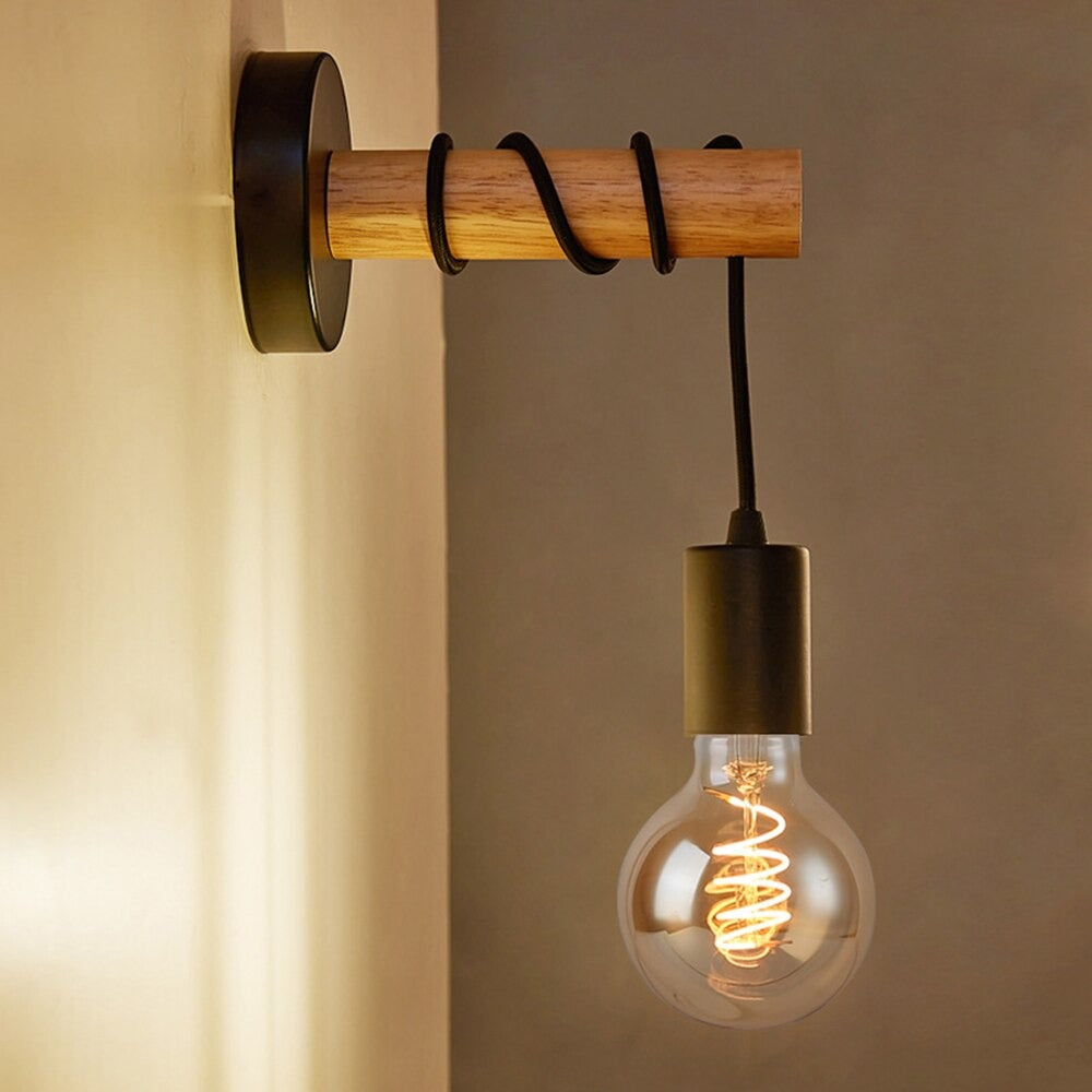 Black Industrial Wall Bedside Lamp with Wooden Base