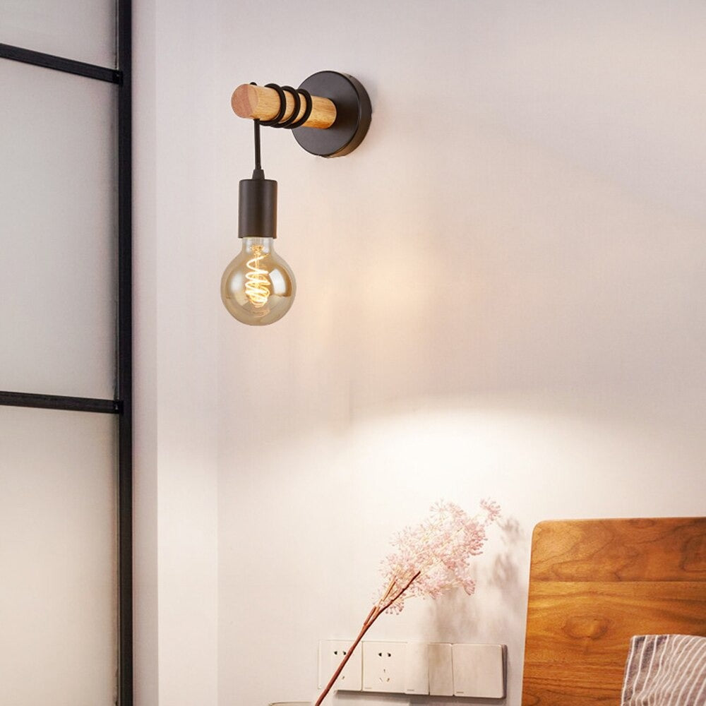 Black Industrial Wall Bedside Lamp with Wooden Base